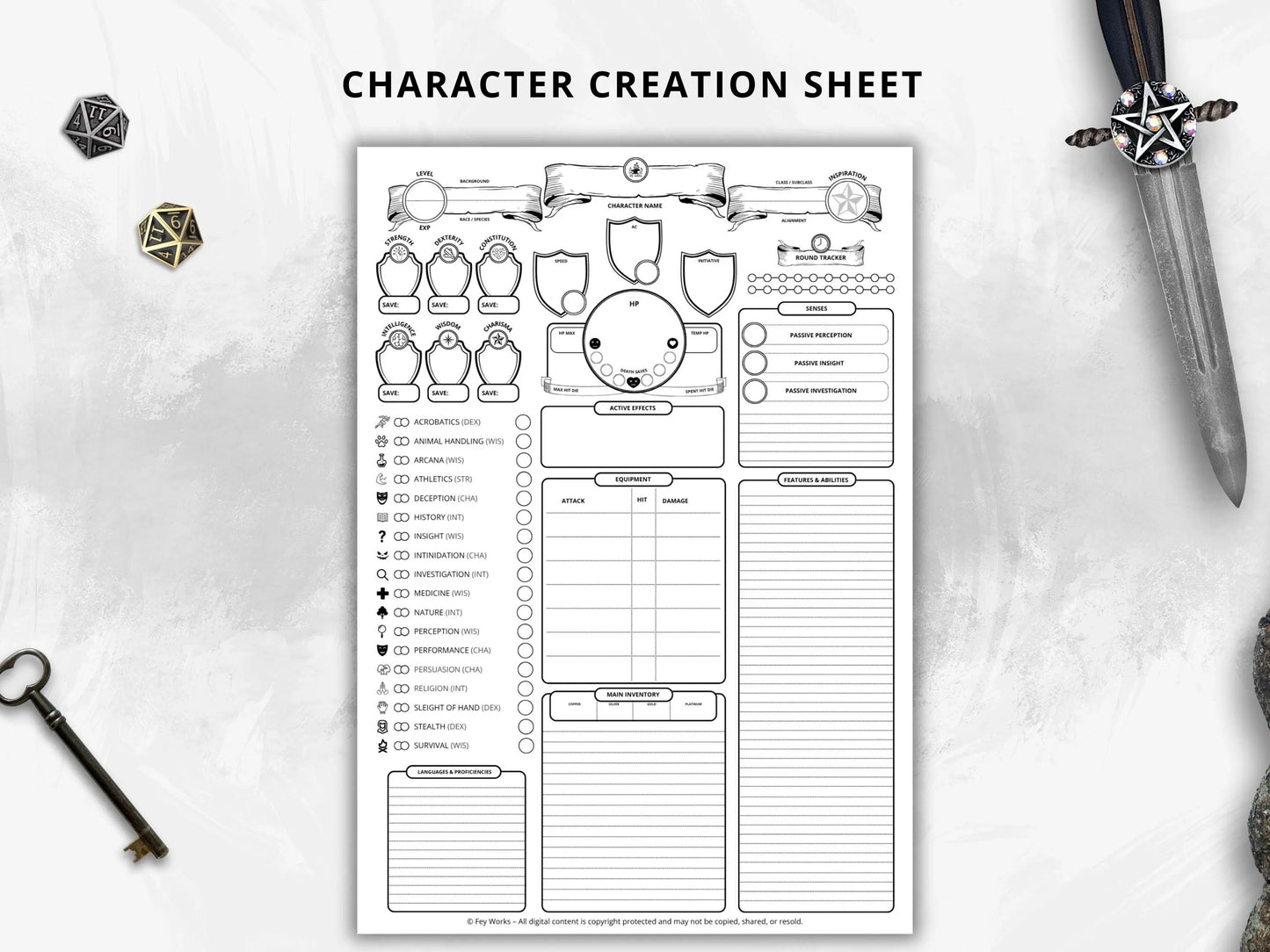 Simplified Character Sheet 5e 2014 & 5.5 2024 FeyWorks.co.uk