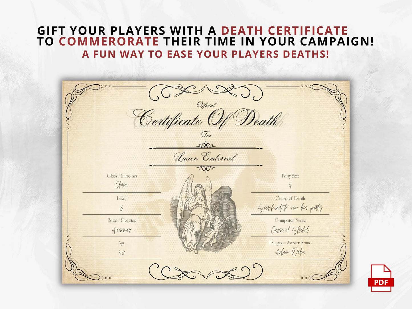 DnD Death Certificate, TTRPG Certificate of Demise FeyWorks.co.uk