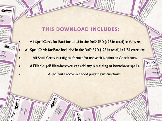 Bard Spell Cards 5e: D&D Spell Book, Digital Download
