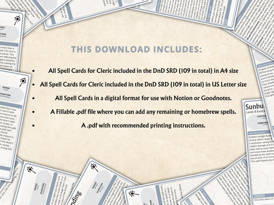Cleric Spell Cards 5e: D&D Spell Book (Digital Download, SRD Compliant)