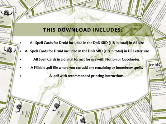 Druid Spell Cards 5e: D&D Spell Book (Digital Download, 118 SRD Spells, 2024)