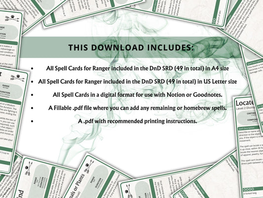 Ranger Spell Cards 5e: D&D Spell Book (Digital Download, 2024 Ruleset)