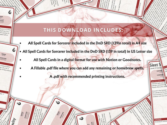 Sorcerer Spell Cards 5e: D&D Spell Book (Digital Download, 2024 Ruleset)