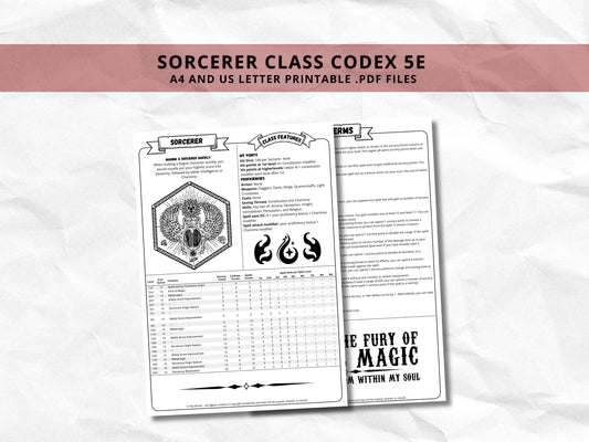 D&D Sorcerer Class Bundle: 5e, 5.5e Spell Cards, Cheat Sheet (Digital Download)