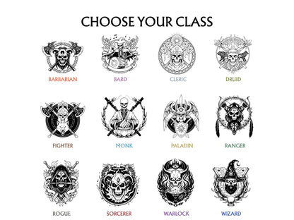 A graphic titled 'CHOOSE YOUR CLASS' showing twelve black-and-white illustrated skull-themed emblems labeled Barbarian, Bard, Cleric, Druid, Fighter, Monk, Paladin, Ranger, Rogue, Sorcerer, Warlock, and Wizard on a white background.