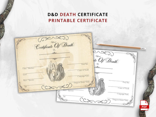 DnD Death Certificate, TTRPG Certificate of Demise FeyWorks.co.uk