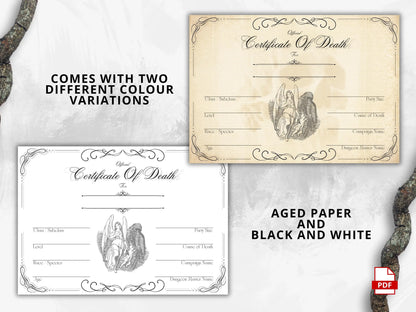 DnD Death Certificate, TTRPG Certificate of Demise FeyWorks.co.uk