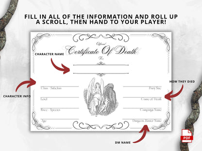DnD Death Certificate, TTRPG Certificate of Demise FeyWorks.co.uk