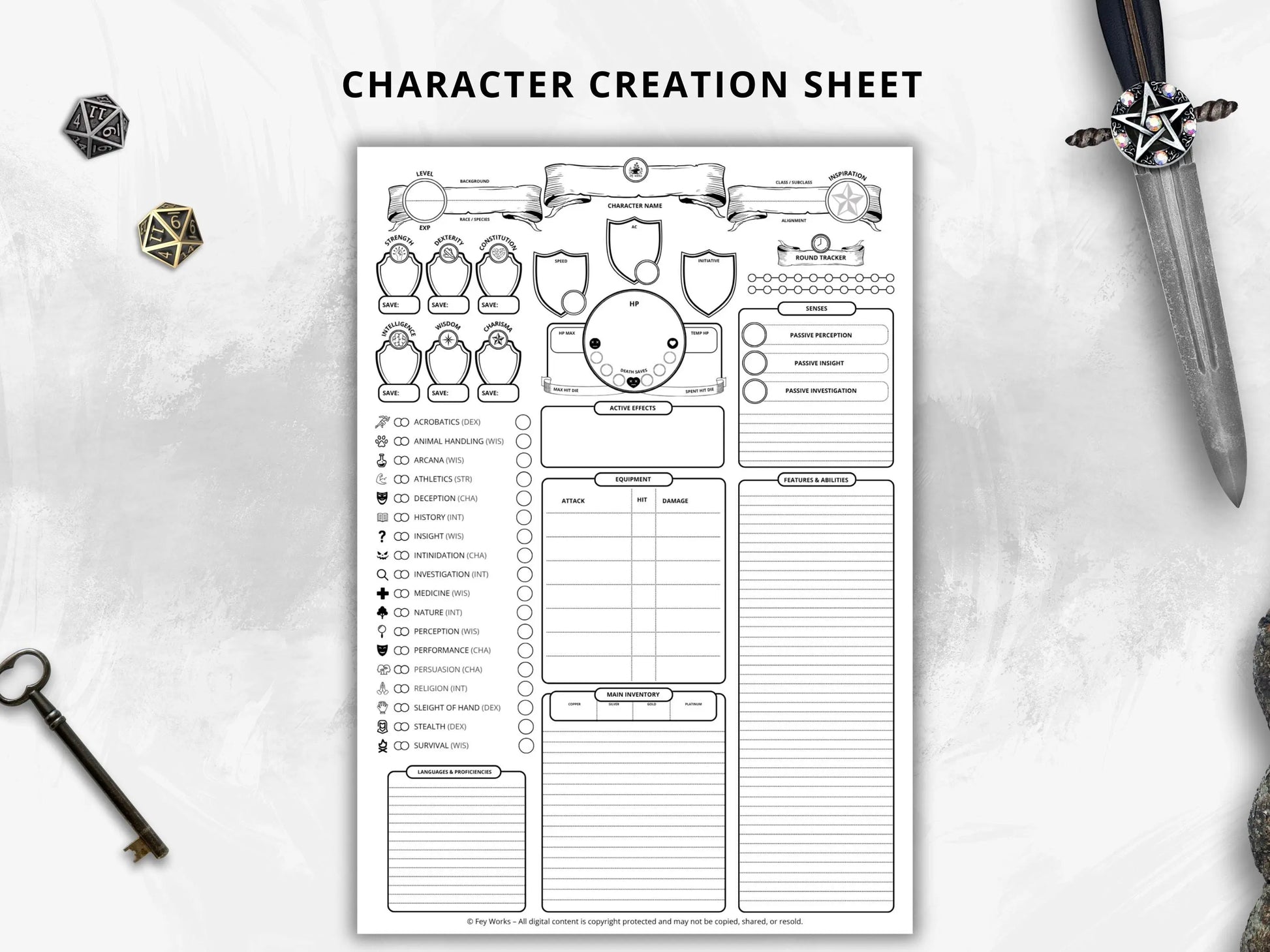 Simplified Character Sheet 5e 2014 & 5.5 2024 FeyWorks.co.uk