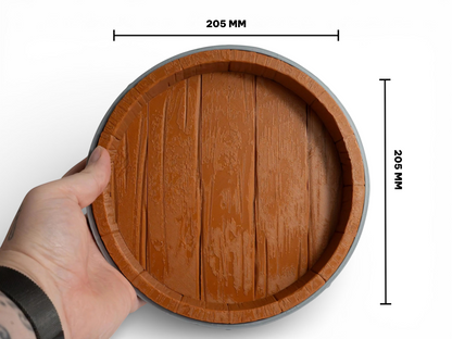FeyWorks Coopers Cut 3D printed dice tray with barrel-top design, brown wood grain interior, grey exterior, 205mm diameter.
