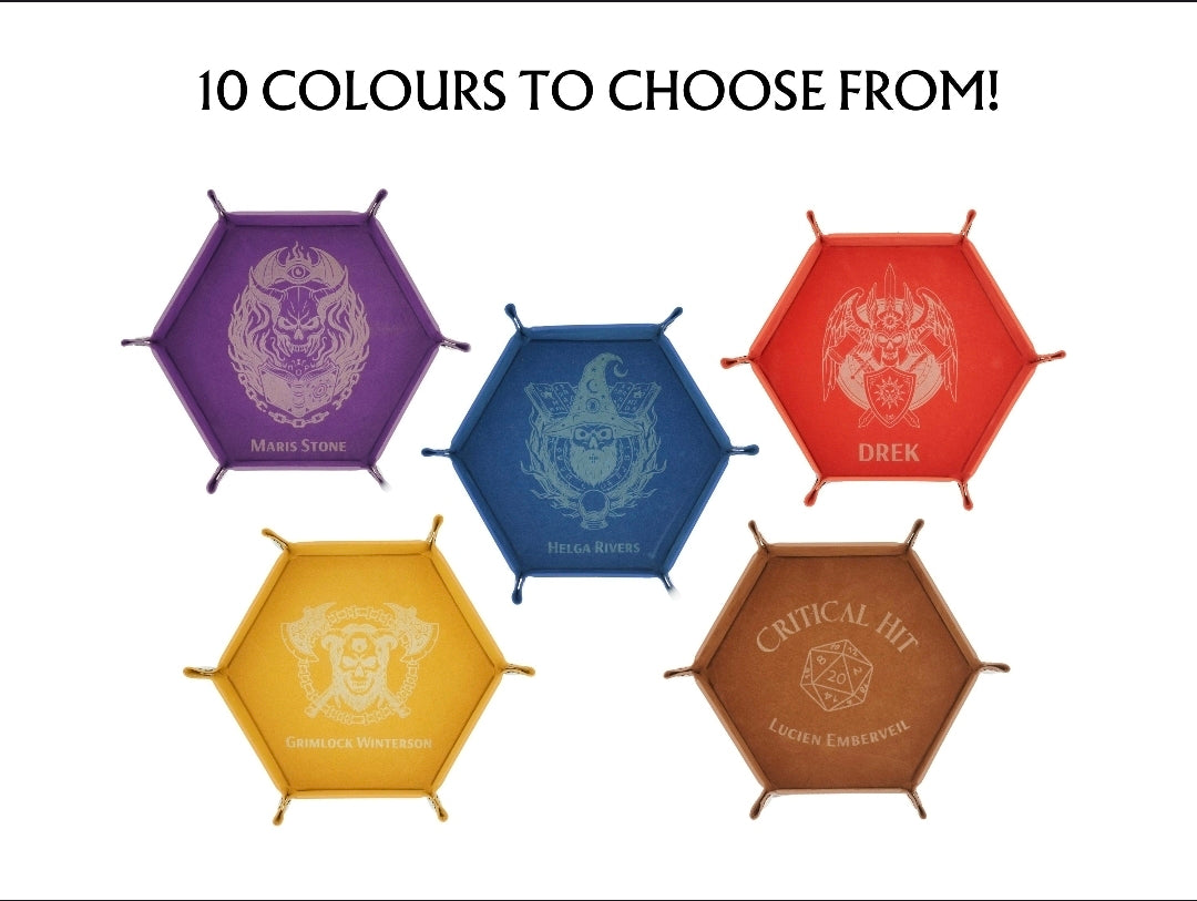 A promotional graphic showing five hexagonal color options for a product, with the text '10 COLOURS TO CHOOSE FROM!' at the top. The colors include purple, blue, red, yellow, and brown, each with a white fantasy-style emblem in the center.