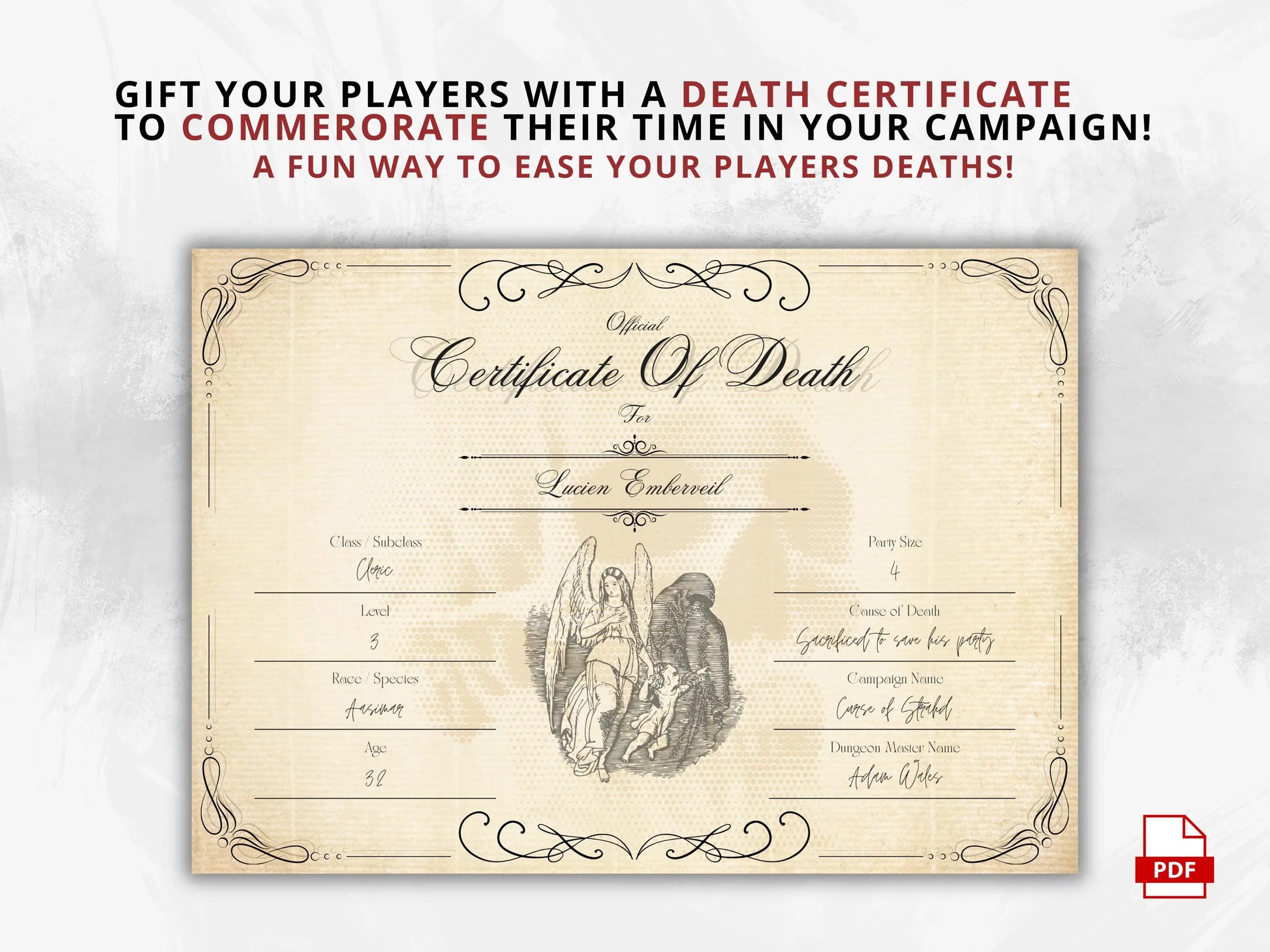 DnD Death Certificate, TTRPG Certificate of Demise FeyWorks.co.uk