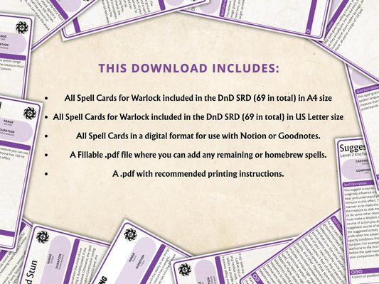 Warlock DnD Spell Cards 5e 2014 FeyWorks.co.uk