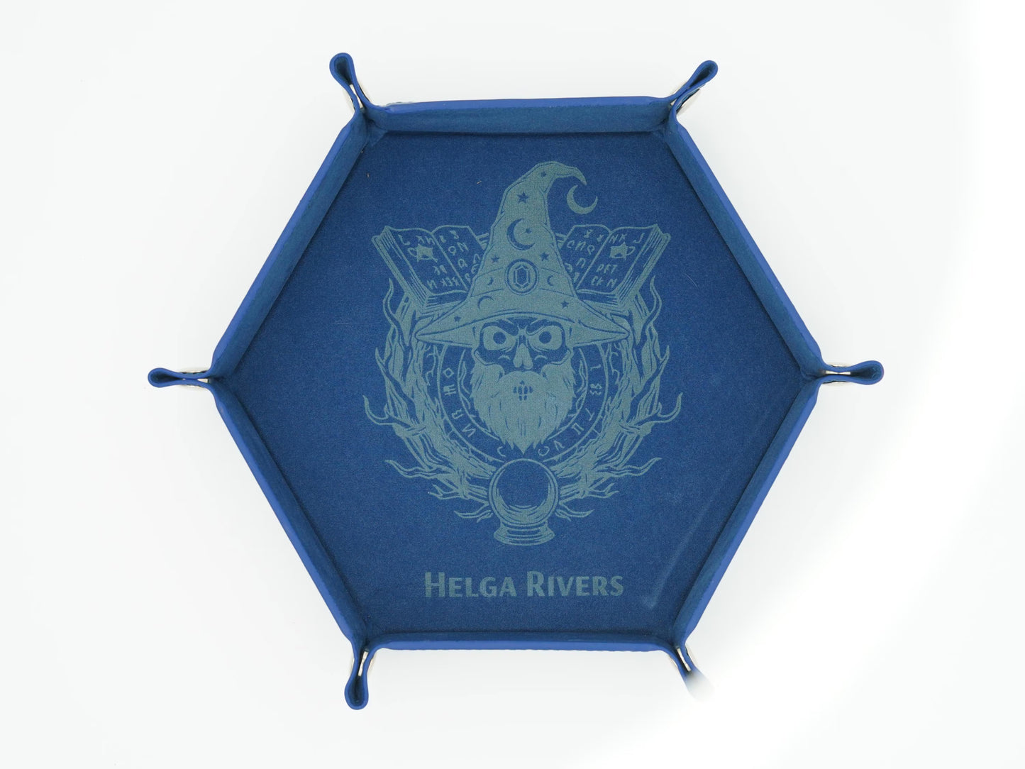 A blue hexagonal metal wall hook rack with five hanging loops, featuring a light blue wizard skull crest and the text 'HELGA RIVERS' on the front, set against a plain white background.