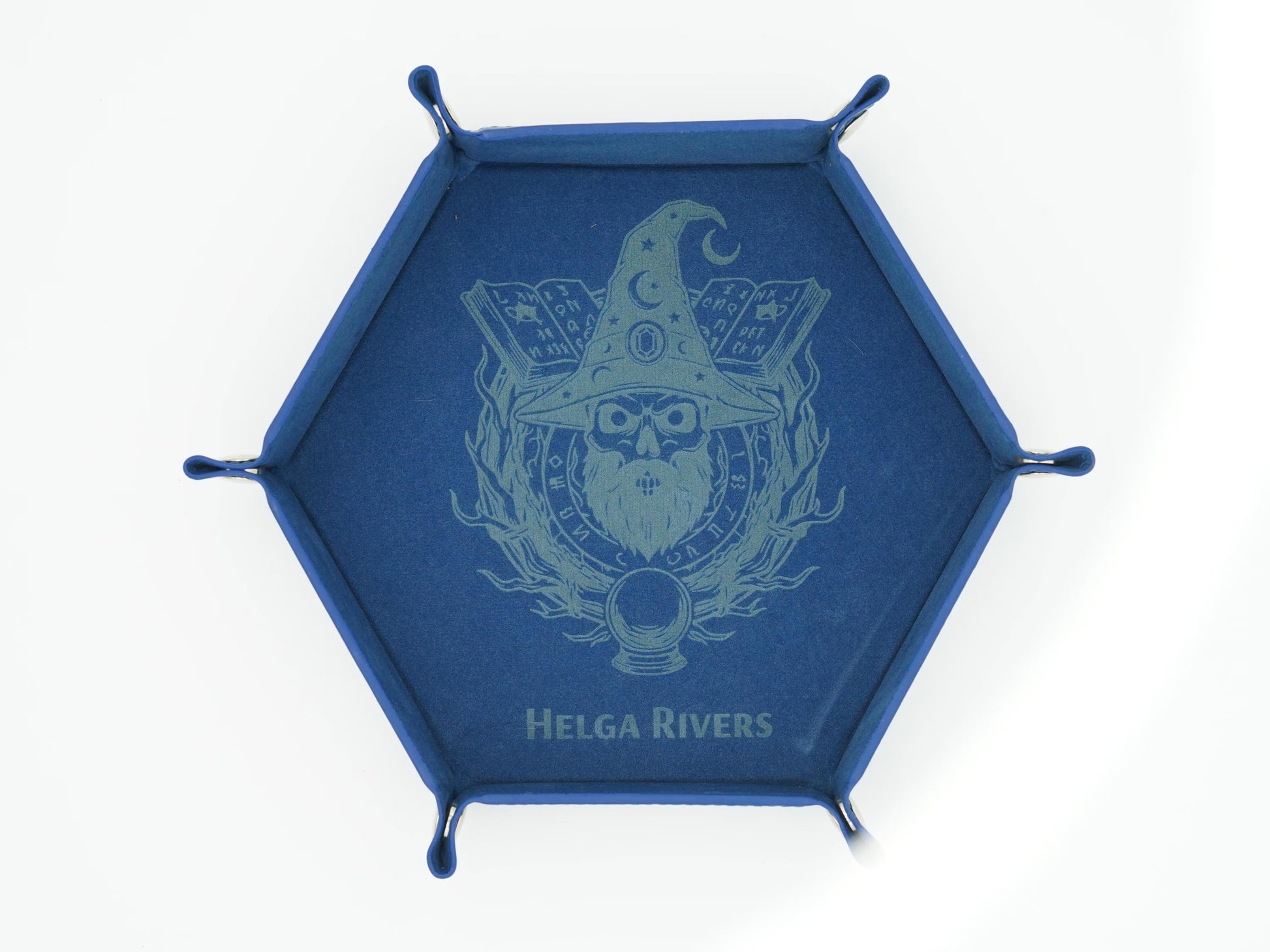 A blue hexagonal metal wall hook rack with five hanging loops, featuring a light blue wizard skull crest and the text 'HELGA RIVERS' on the front, set against a plain white background.