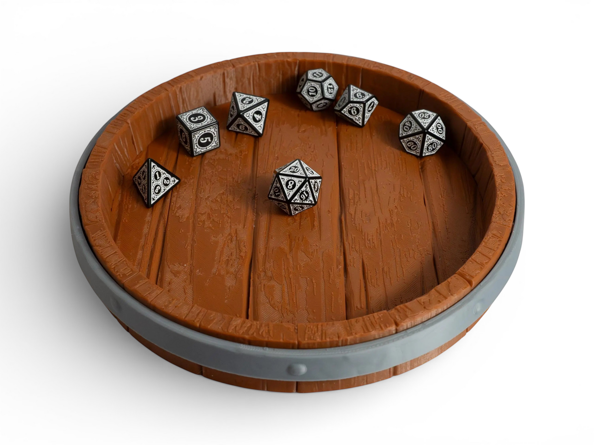FeyWorks 3D printed dice tray designed like a wooden barrel top, with a grey metal band. Includes dice.