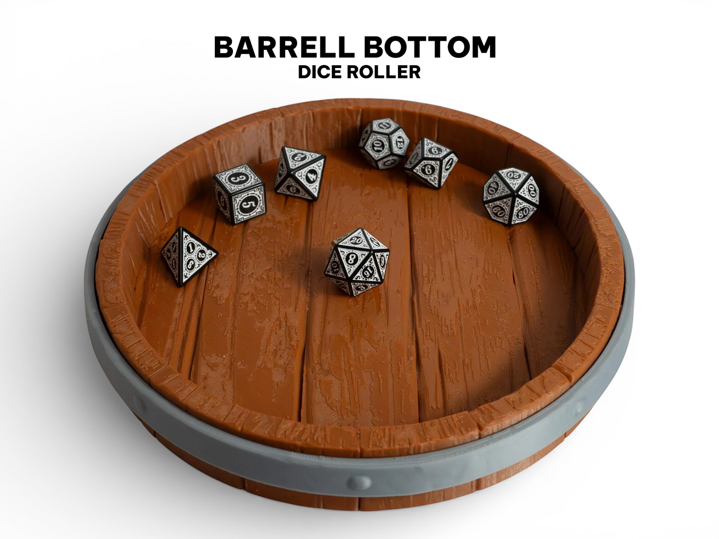 FeyWorks Coopers Cut 3D printed dice tray with wood grain texture and grey metal band, inspired by a barrel top.