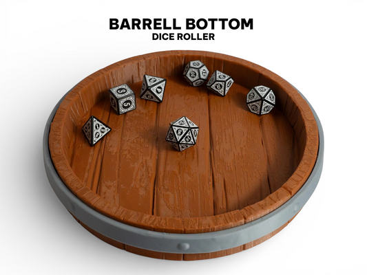 FeyWorks Coopers Cut 3D printed dice tray with wood grain texture and grey metal band, inspired by a barrel top.