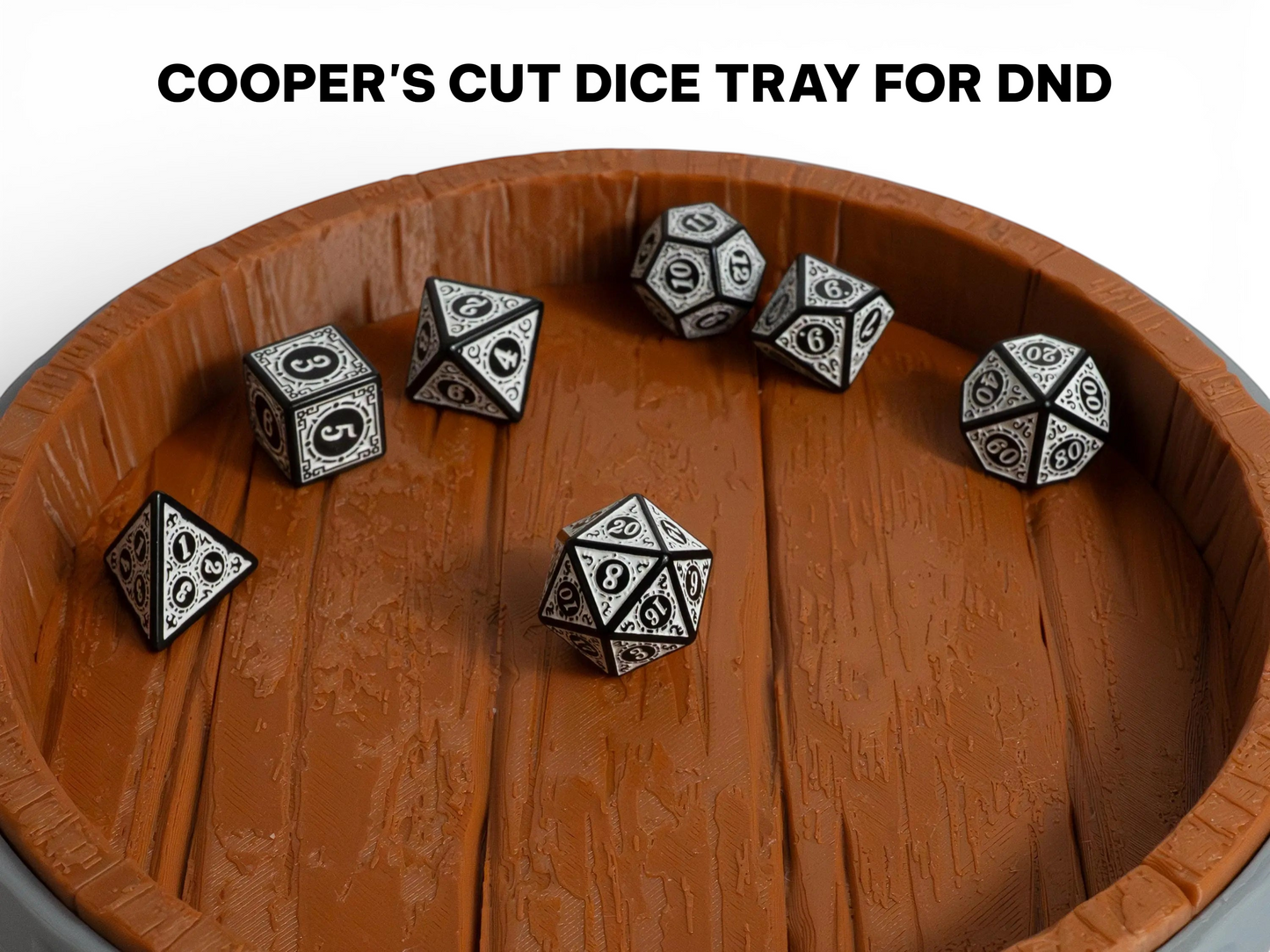 FeyWorks Coopers Cut 3D printed dice tray with wood grain texture, inspired by a barrel top, for Dungeons & Dragons.