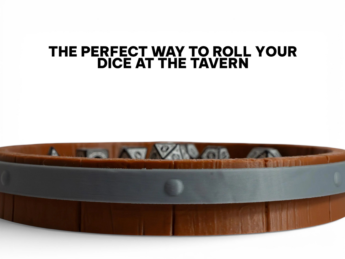 FeyWorks 3D printed dice tray designed like a barrel top, with wood grain texture and a grey metal band. Perfect for D&D.
