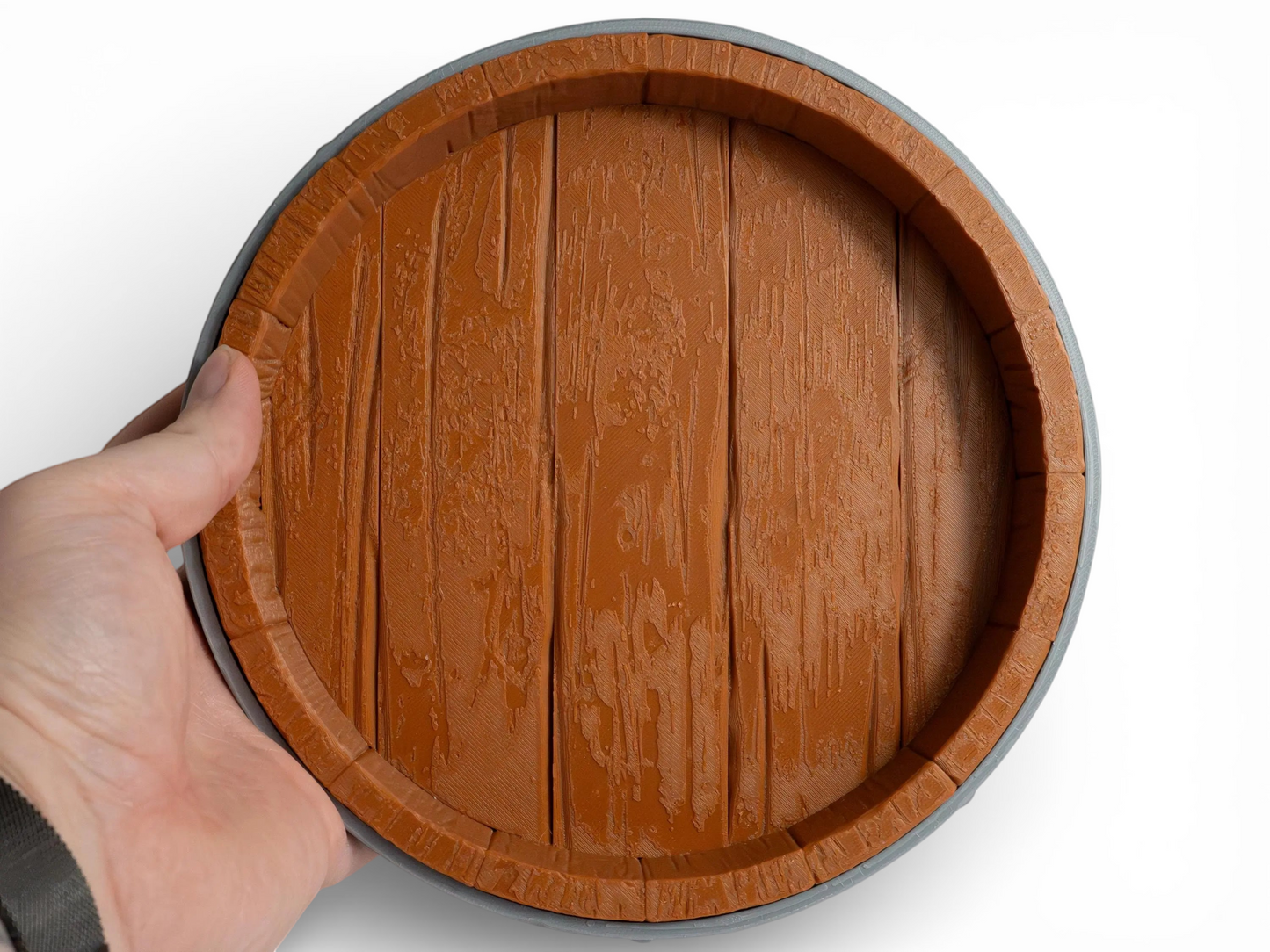 FeyWorks Coopers Cut 3D printed dice tray with wood grain texture, inspired by a barrel top. Round, 205mm.
