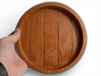 FeyWorks Coopers Cut 3D printed dice tray with wood grain texture, inspired by a barrel top. Round, 205mm.