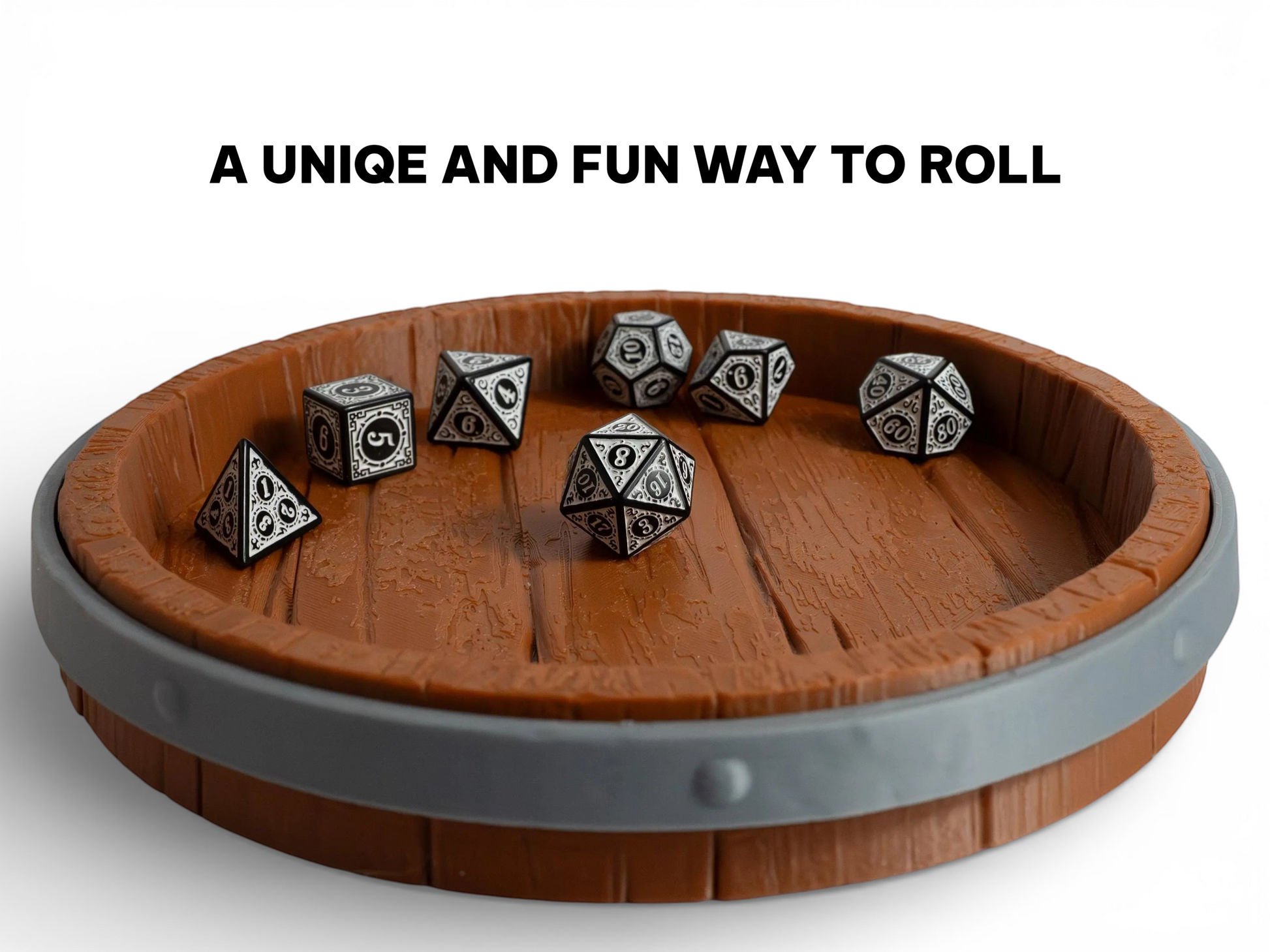FeyWorks 3D printed dice tray designed like a barrel top, with wood grain texture and grey metal band. Holds dice.