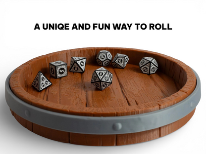 FeyWorks 3D printed dice tray designed like a barrel top, with wood grain texture and grey metal band. Holds dice.