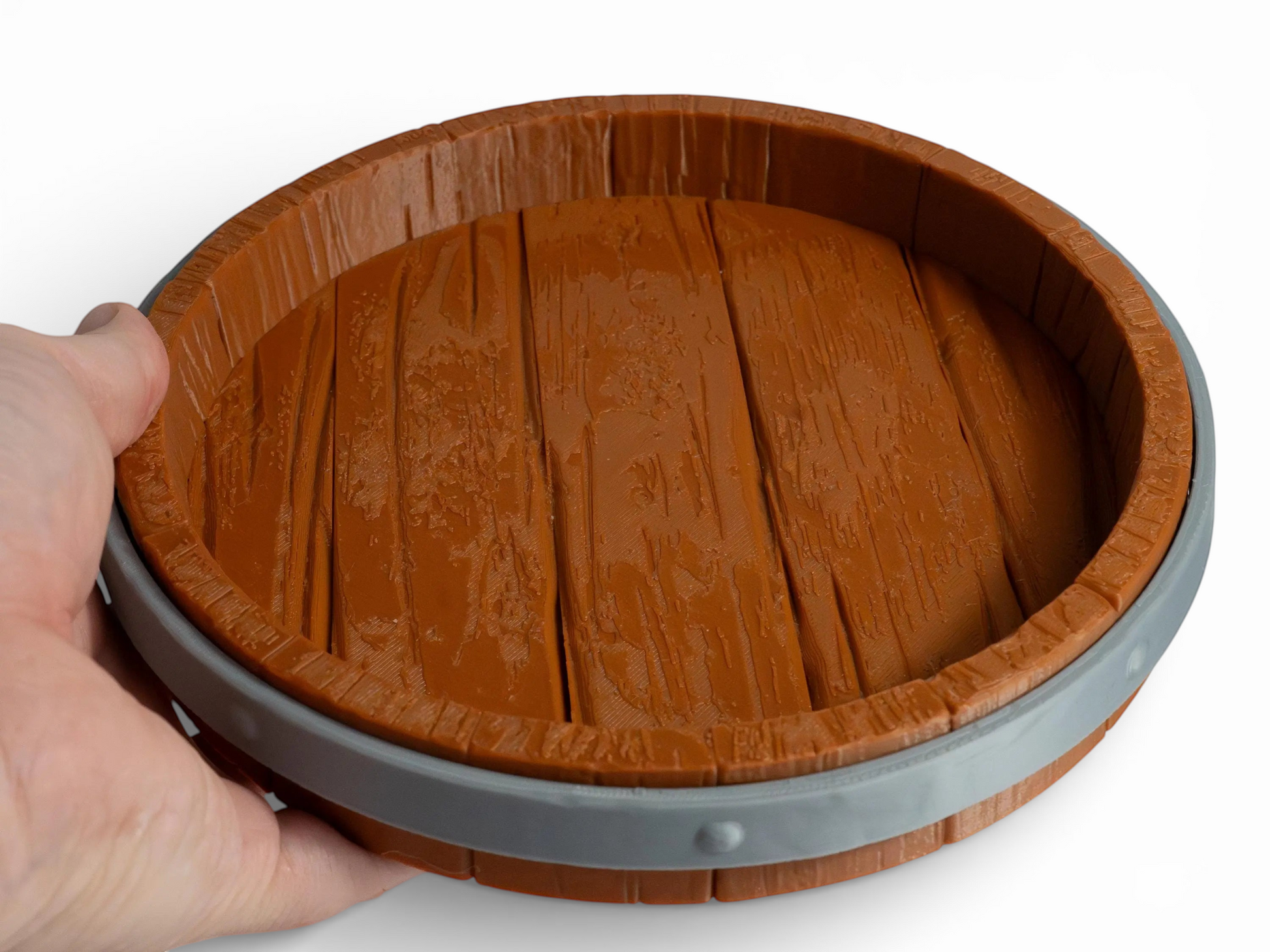 FeyWorks Coopers Cut 3D printed dice tray, brown barrel-top design with grey band, 205mm round