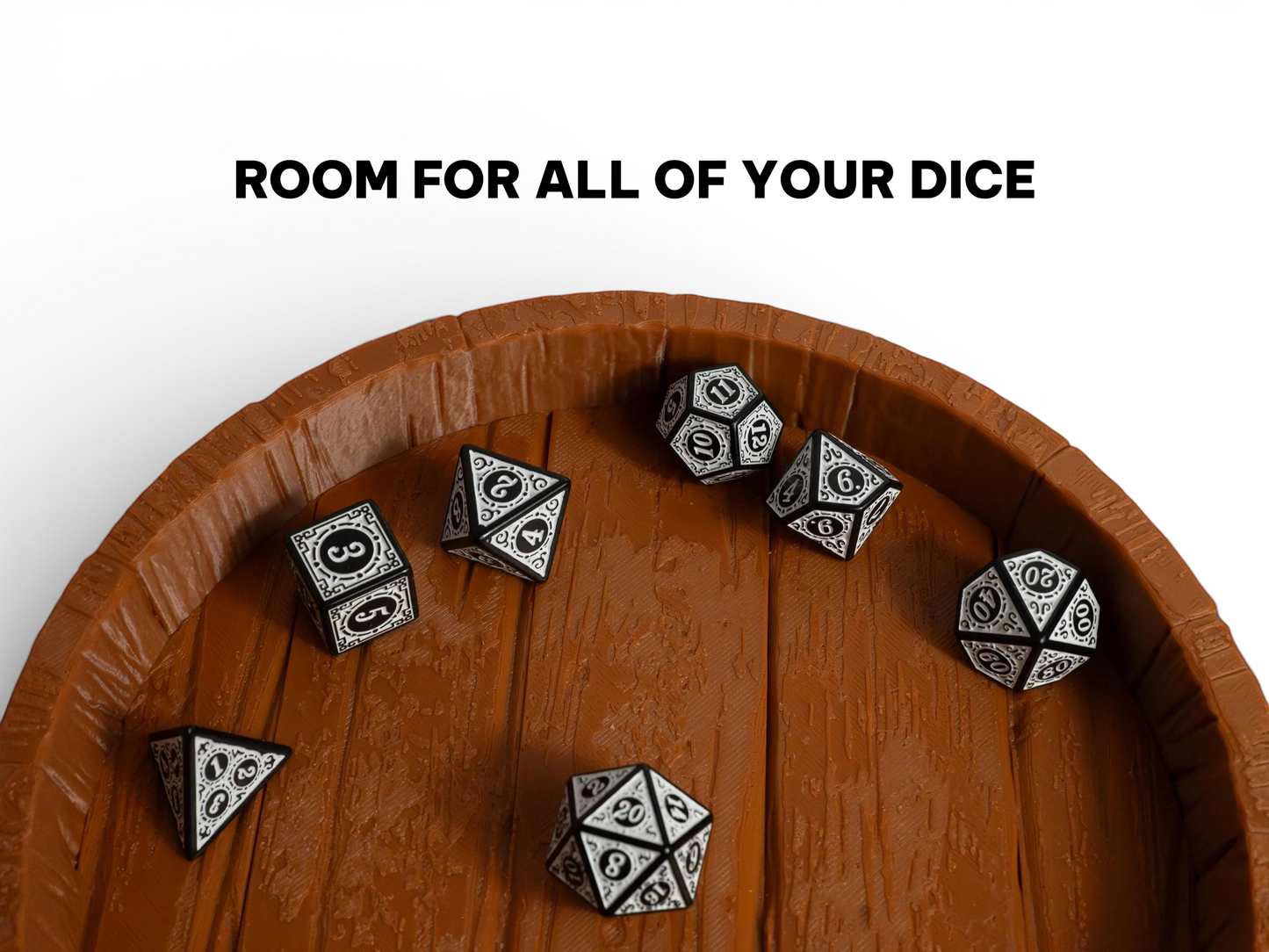 FeyWorks Coopers Cut 3D printed dice tray with wood grain texture, inspired by a barrel top. Holds multiple dice.