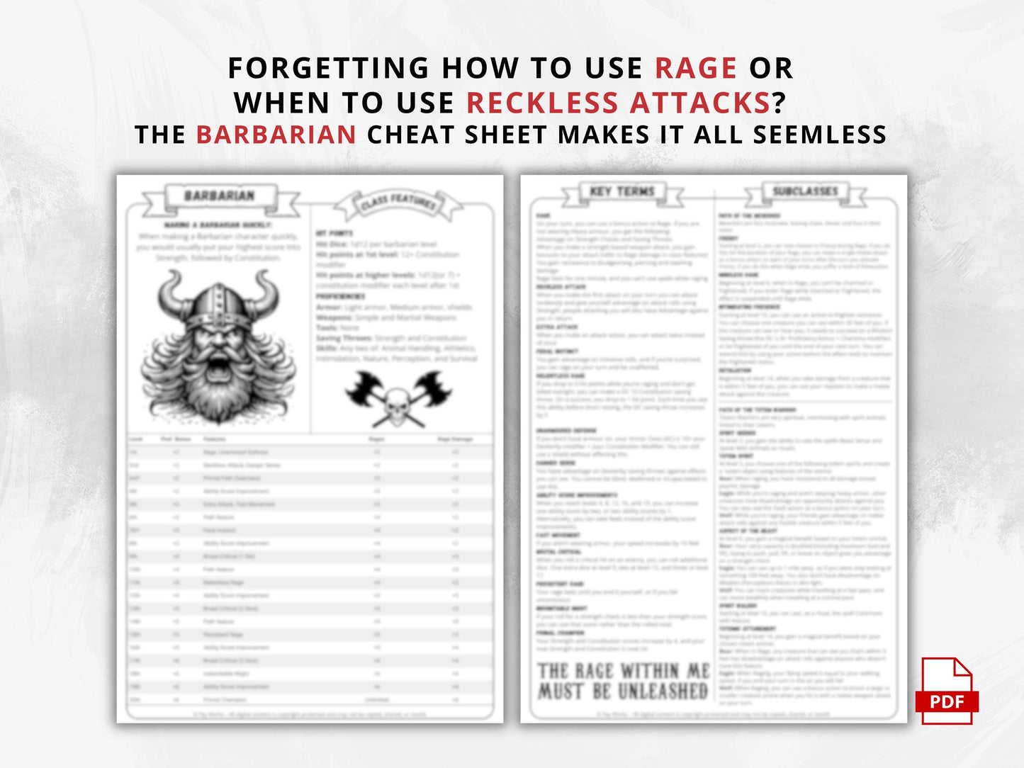 DnD 5e Barbarian Class Codex Printable | Barbarian Cheat Sheet | DnD Player Aid PDF | Tabletop RPG Reference