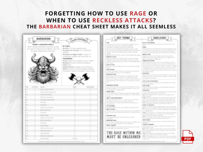 DnD 5e Barbarian Class Codex Printable | Barbarian Cheat Sheet | DnD Player Aid PDF | Tabletop RPG Reference