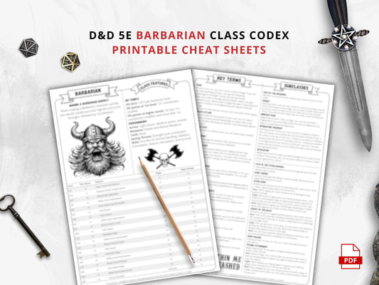 DnD 5e Barbarian Class Codex Printable | Barbarian Cheat Sheet | DnD Player Aid PDF | Tabletop RPG Reference