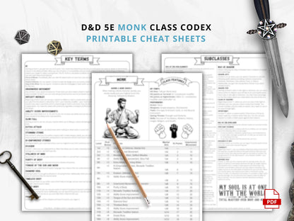 DnD 5e Monk Class Codex Printable | Monk Cheat Sheet | DnD Player Aid PDF | Tabletop RPG Reference