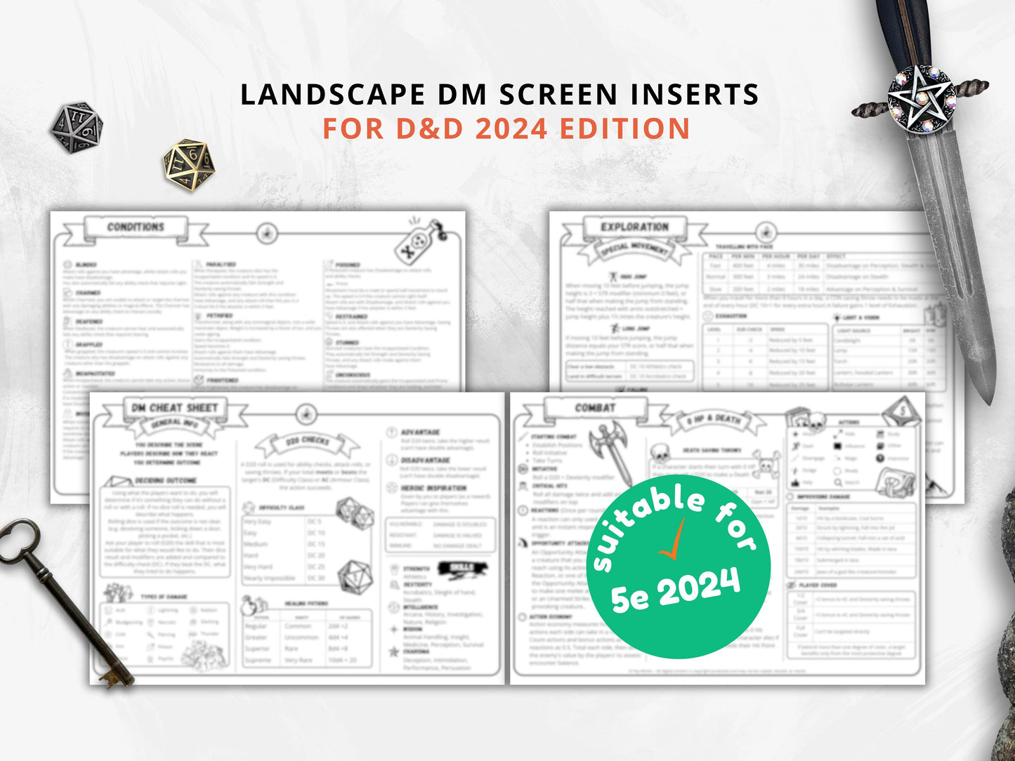 Dungeon Master 5e Cheat Sheet: Landscape Quick Reference (Printable PDF 2024 Update)
