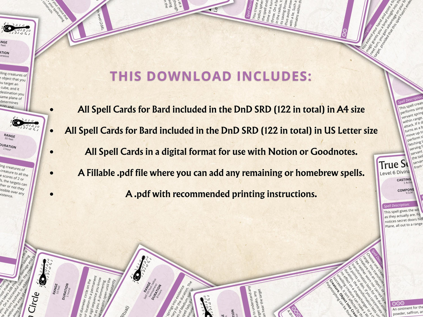 Bard Spell Cards 5e: D&D Spell Book, Digital Download