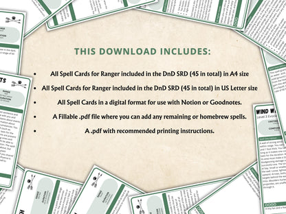 Ranger Spell Cards 5e - Dungeons and Dragons (Digital Download)