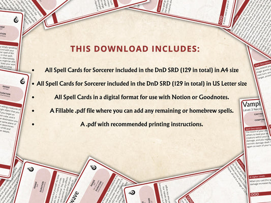 Sorcerer Spell Cards 5e: D&D Spell Book (Digital Download, SRD Compliant)