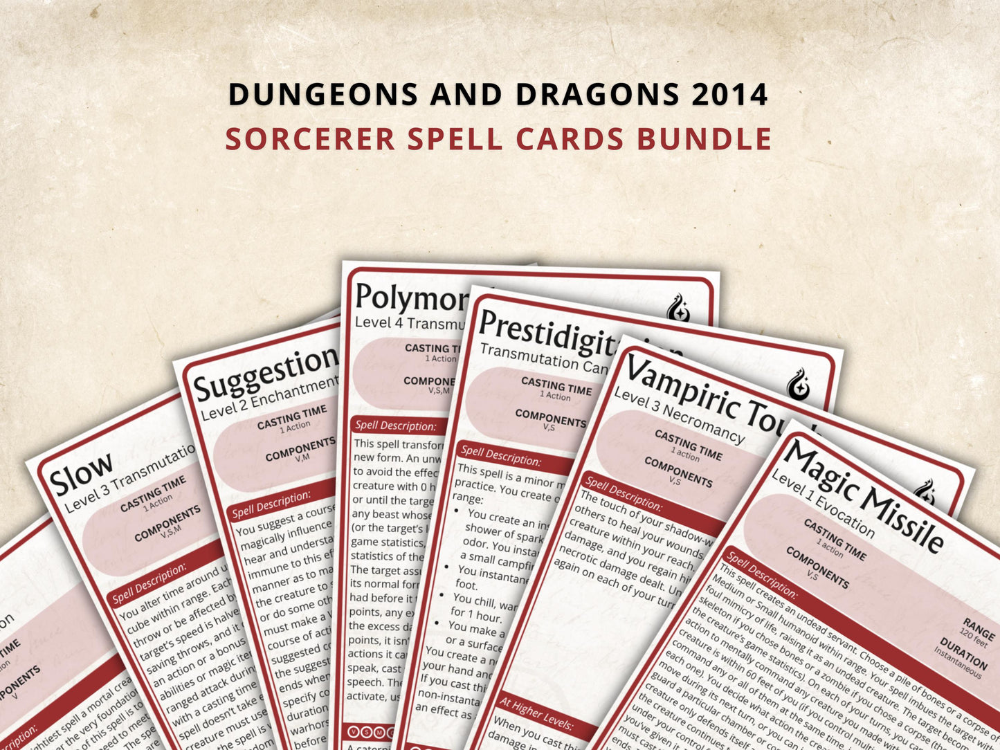 Sorcerer Spell Cards 5e: D&D Spell Book (Digital Download, SRD Compliant)