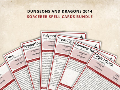 Sorcerer Spell Cards 5e: D&D Spell Book (Digital Download, SRD Compliant)