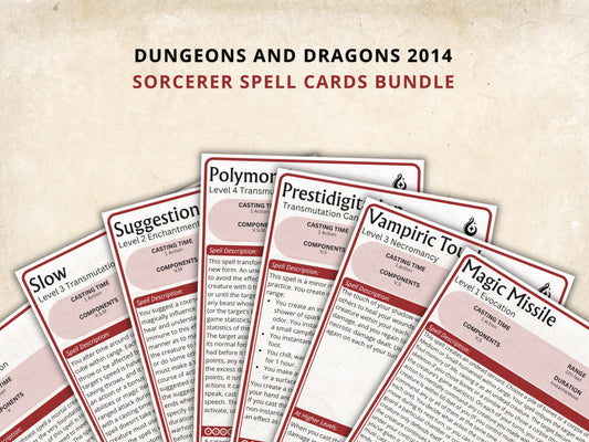 Sorcerer Spell Cards 5e: D&D Spell Book (Digital Download, SRD Compliant)
