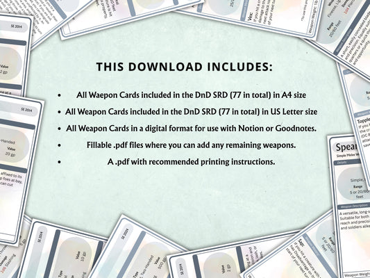 DnD 5e Weapon Cards Bundle, Fillable PDF, Printable Equipment