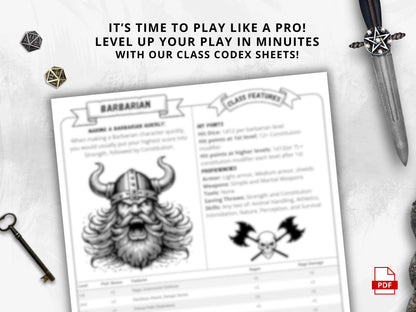 DnD 5e Barbarian Class Codex Printable | Barbarian Cheat Sheet | DnD Player Aid PDF | Tabletop RPG Reference