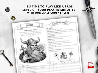 DnD 5e Cleric Class Codex | Printable Player Aid Reference (PDF)