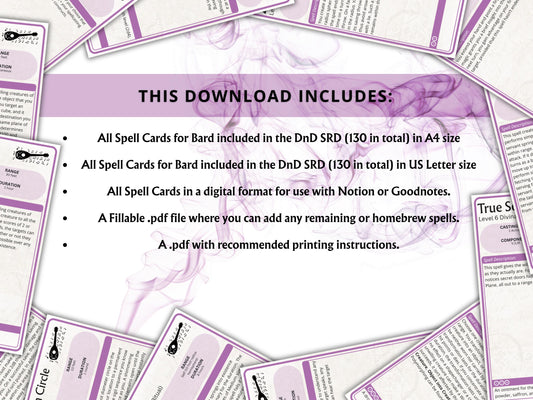Bard Spell Cards 5e: Dungeons and Dragons 2024 (Digital Download)