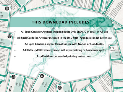 Artificer Spell Cards 5e: D&D Spell Book (2024 Digital Download)