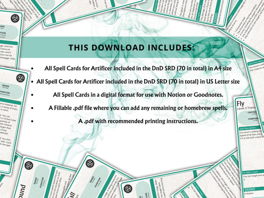 Artificer Spell Cards 5e: D&D Spell Book (2024 Digital Download)