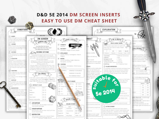 Dungeon Master Cheat Sheet | D&D 5e 2014 Quick Reference | Printable PDF for DM Tools