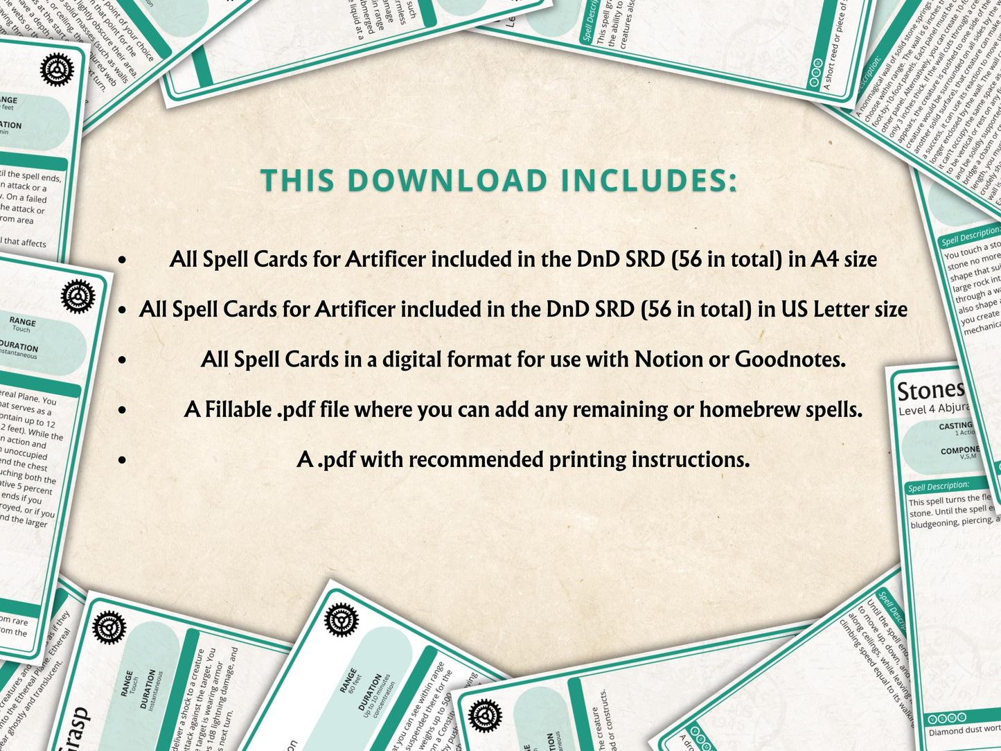 Artificer Spell Cards 5e: D&D Spell Book (Digital Download, SRD Compliant)