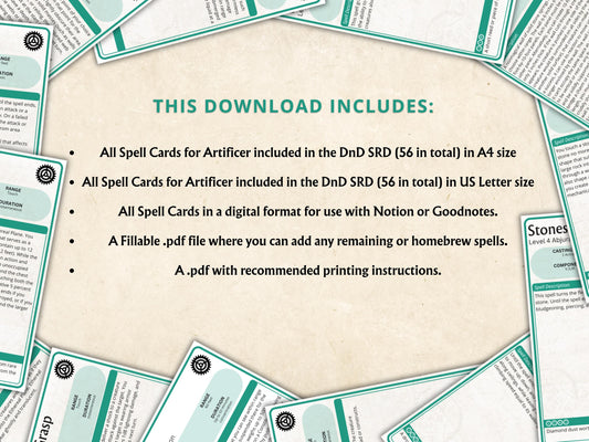 Artificer Spell Cards 5e: D&D Spell Book (Digital Download, SRD Compliant)